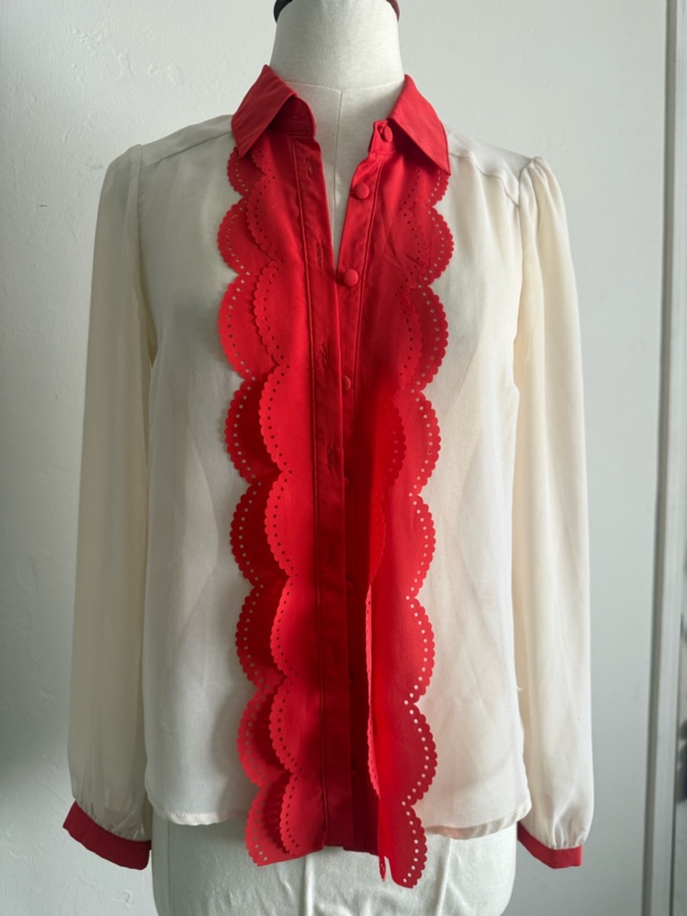 Women’s Ivory Blouse with Red Scalloped Trim